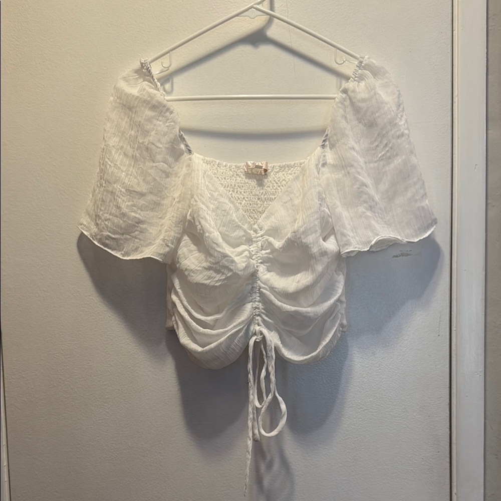 Wayf White Puff Sleeve Ruched Blouse